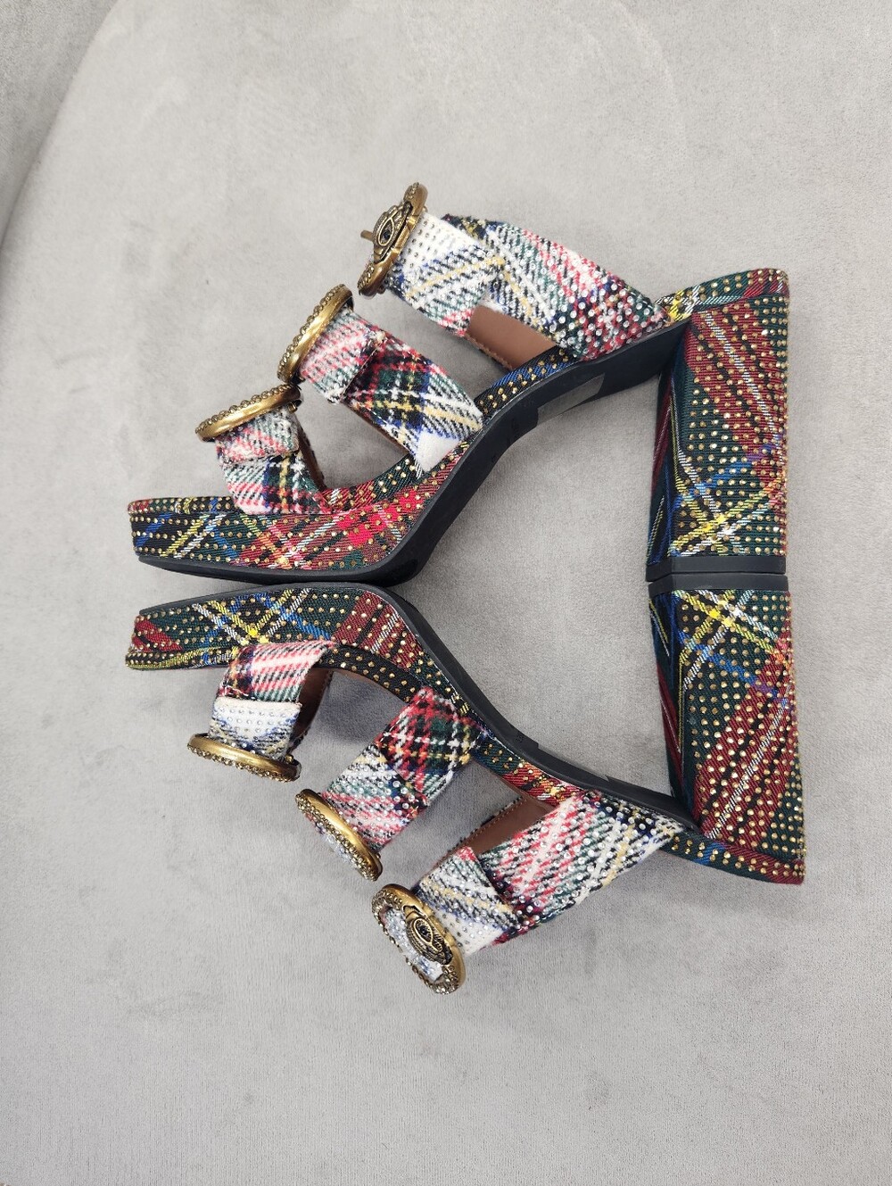 Kurt Geiger Heeled Mules 8.5 Plaid Mayfair Buckle Chunky Platform Sandal New$245